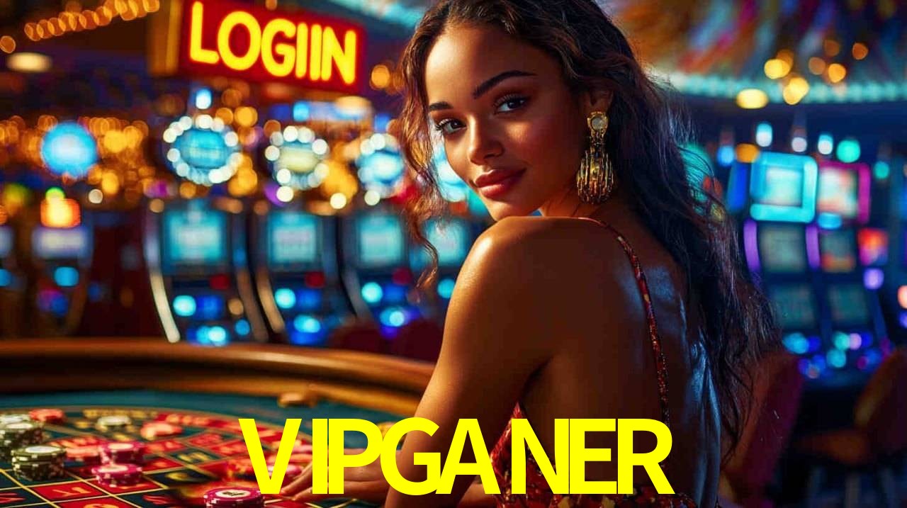 Escena dinámica inspirada en casino con iluminación VIPGANER, cartas, fichas e íconos de juegos digitales en un espacio moderno de juegos.