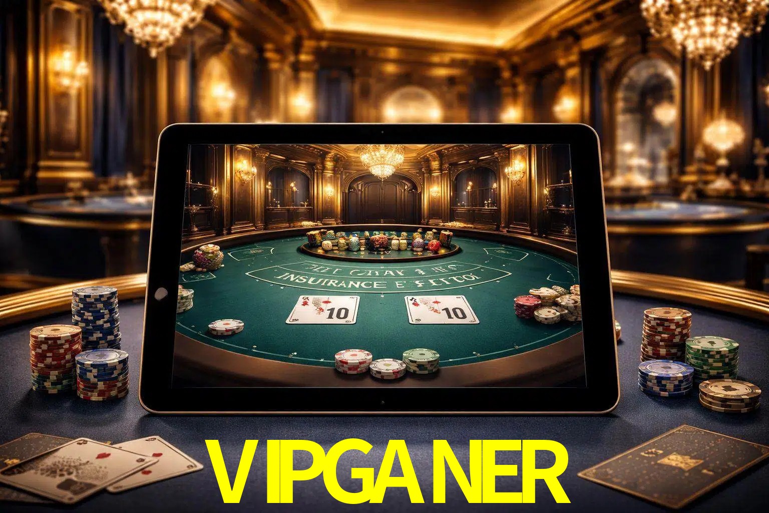 Configuración moderna de casino en vivo con una tableta mostrando una mesa de blackjack, luces cálidas de estudio y una atmósfera elegante de juegos digitales.