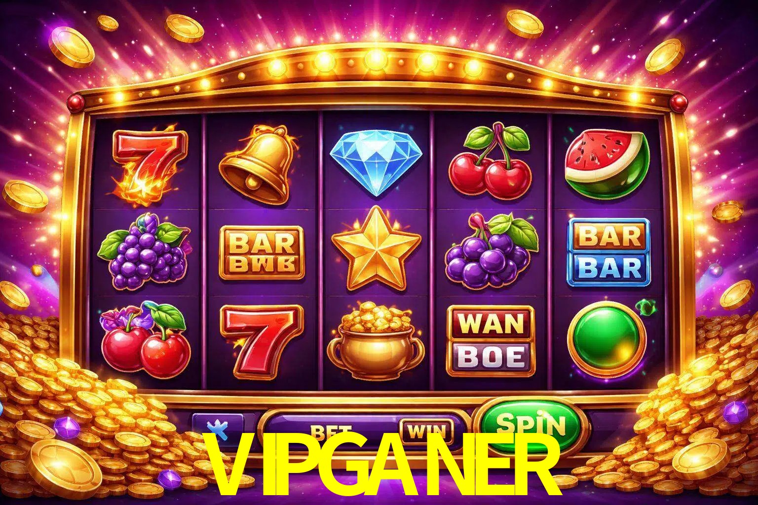 Una interfaz colorida de tragamonedas en línea con símbolos brillantes, monedas y un efecto de victoria celebratoria en VIPGANER.