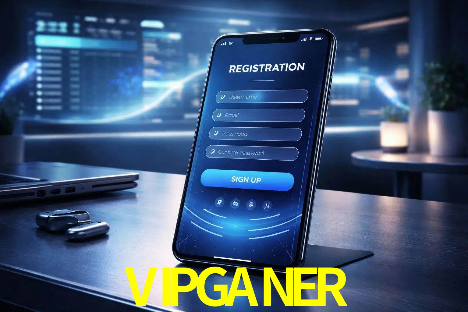 Una interfaz moderna de registro móvil para VIPGANER mostrada en un smartphone con un panel de apuestas elegante.